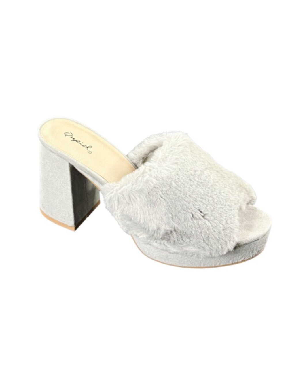 Qupid Lawson-05X Women’s Grey Faux Fur Platform Mule Heels